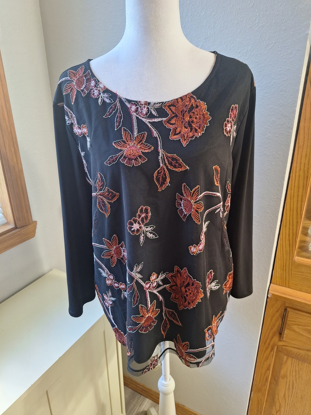 Liz Claiborne Black Tunic with Rust and Pink Floral Embroidery Accents